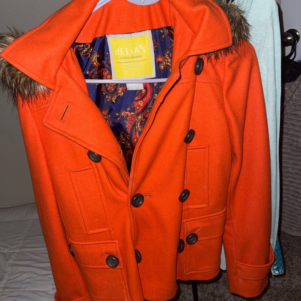 Bright orange Delia's short pea coat with fur hood